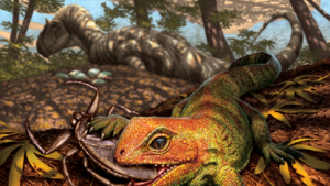 Rappresentazione artistica del rettile simile auna lucertola Opisthiamimus gregori, vissuto circa 150 milioni di anni fa, all'epoca dei dinosauri (fonte: Julius Csotonyi for the Smithsonian Institution) (ANSA)
