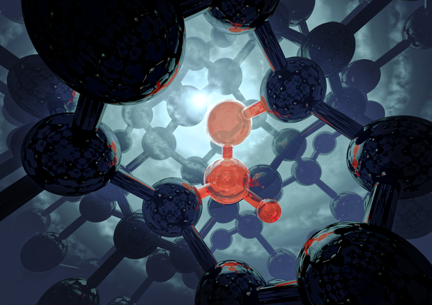 Rappresentazione artistica di un ' Centro T' costituito da 2 atomi di carbonio e 2 di idrogeno, cruciale per mettere in connessione i computer quantistici (fonte: Photonic) © Ansa