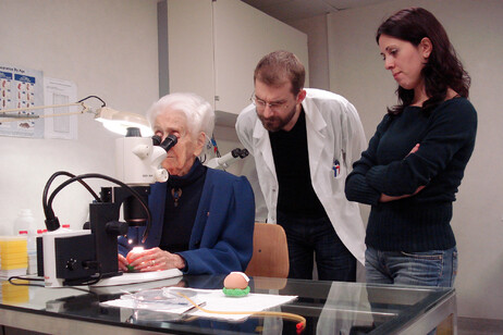 Rita Levi Montalcini al lavoro all'Ebri, con due ricercatori (fonte: EBRI)