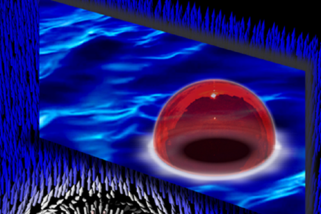 La nascita della bolla avviene quando gli atomi ultrafreddi, come piccoli magneti preparati nello stato iniziale più energetico blu (falso vuoto), decadono nello stato rosso (vero vuoto) (fonte: Alessandro Zenesini, Giacomo Lamporesi)
