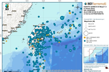 Mappa dei terremoti a Taiwan a partire dal 1900. In azzurro quelli dal 1900 al 2022, in aracione quelli dal primo gennaio 2023 al 3 aprile 2024 (fonte: INGV)