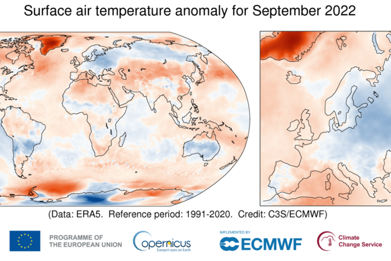 Settembre 2022 è stato il quarto più caldo a livello globale (fonte:  Copernicus Climate Change Service/ECMWF) - RIPRODUZIONE RISERVATA