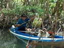 Un pescatore a Bali raccoglie rifiuti dal mare (Us Ogyre) (ANSA)