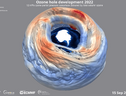 Il buco dell'ozono sull'Antartide al 15 settembre 2022, nel modello elaborato dal programma Copernicus (fonte: Copernicus, Atmosphere Monitoring Service) (ANSA)