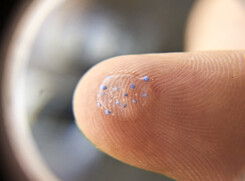 Microplastiche su un polpastrello viste attraverso una lente d'ingrandimento (fonte: MPCA Photos da Flickr) (ANSA)