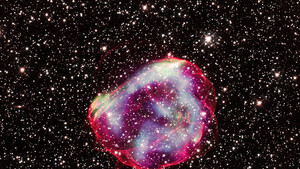 I resti dell'esplosione della supernova NR 0519-69.0 (SNR 0519) da una nana bianca (fonte: immagine ai raggi X, NASA/CXC/GSFC/B. J. Williams et al.; immagine ottica, NASA/ESA/STScI) (ANSA)