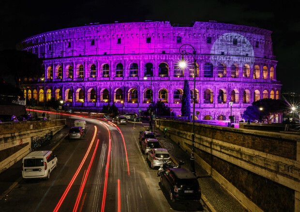 Il Colosseo illuminato di viola nella Giornata dei bimbi prematuri © ANSA
