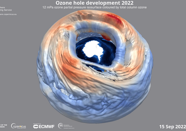 Il buco dell'ozono sull'Antartide al 15 settembre 2022, nel modello elaborato dal programma Copernicus (fonte: Copernicus, Atmosphere Monitoring Service) © Ansa