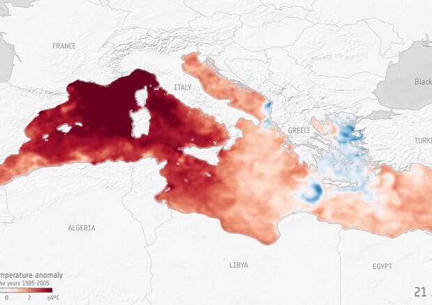L’ondata di caldo che ha investito il mar Mediterraneo nell’estate 2022 (fonte: ESA, Data: EU Copernicus Marine Service Information) © Ansa