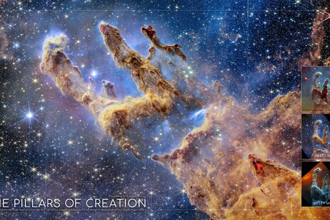 I Pilastri della creazione, elaborazione di Giuseppe Conzo dei dati dei telescopi Hubble e James Webb (fonte: G. Conzo, NASA, ESA Hubble Heritage Team (STScI/AURA) e CSA, STScI; J. DePasquale,  A. M. Koekemoer e A. Pagan, di STScI)