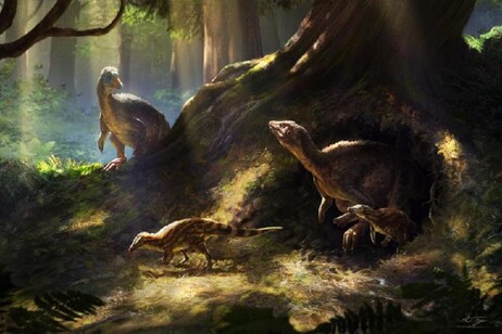 Rappresentazione artistica di una famiglia di tescelosauri che esce allo scoperto per cercare cibo (fonte: Anthony Hutchings)