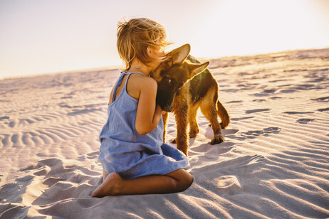 Una bambina in spiaggia abbraccia il suo cucciolo di cane foto iStock.