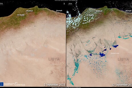 Il deserto della Libia nelle immagini da satellite del 2 e del 12 settembre (fonte: European Union, Copernicus Sentinel-FloodsinLybia)