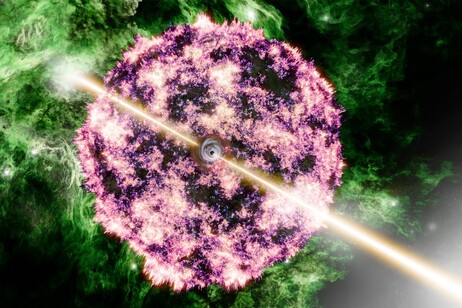 Rappresentazione artistica del lampo di raggi gamma più potente mai rilevato, emesso da una supernova (fonte: Aaron M. Geller / Northwestern / CIERA / IT Research Computing and Data Services)