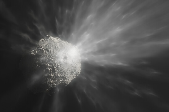 Rappresentazione artistica dell'asteroide Dimorphos in seguito all'impatto con la sonda Dart (fonte: ESO/M. Kornmesser)