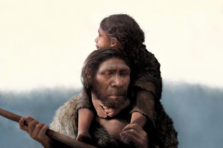 Rappresentazione artistica di un uomo Neanderthal con la figlia (fonte:  Tom Bjorklund) - RIPRODUZIONE RISERVATA