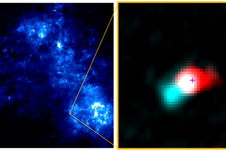 A sinistra la Piccola Nube di Magellano, a destra il ‘vagito’ della giovane stella Y246 (fonte: ALMA -ESO/NAOJ/NRAO, Tokuda et al. ESA/Herschel) - RIPRODUZIONE RISERVATA
