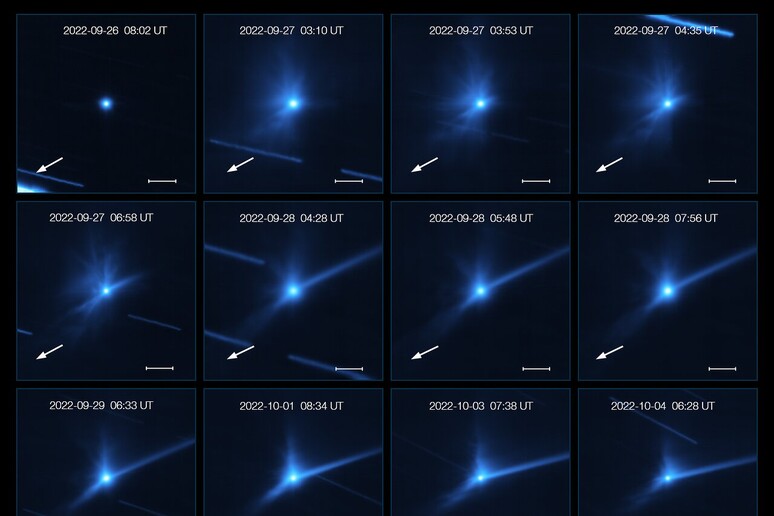 L 'evoluzione della nube di detriti prodotta dalla sonda Dart con l 'asteroide Dimorphos. Priodo dal ; la prima immagine è del 26 settembre 2022, subito prima dello scontro, l 'ultima a circa un mese dopo, il 25 ottobre 2022 (fonte: ESO/Opitom et al.) - RIPRODUZIONE RISERVATA