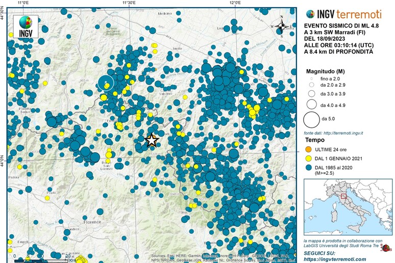La stella indica l 'epicentro del terremoto in Toscana del 18 settembre 2013 (fonte: INGV) - RIPRODUZIONE RISERVATA
